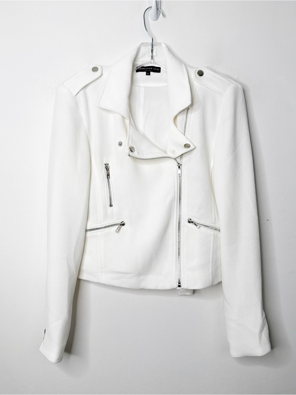 GENERATION LOVE White with Silver Hardware Textured Crepe Moto Jacket Sz. XS - Picture 2 of 4